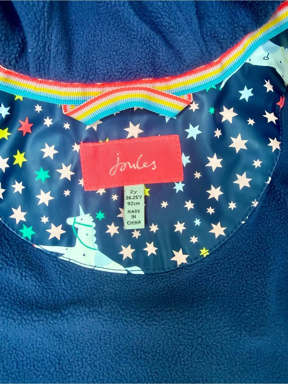 Joules Raindance Unicorn & Stars Fleece-Lined Raincoat Size 2Y EUC